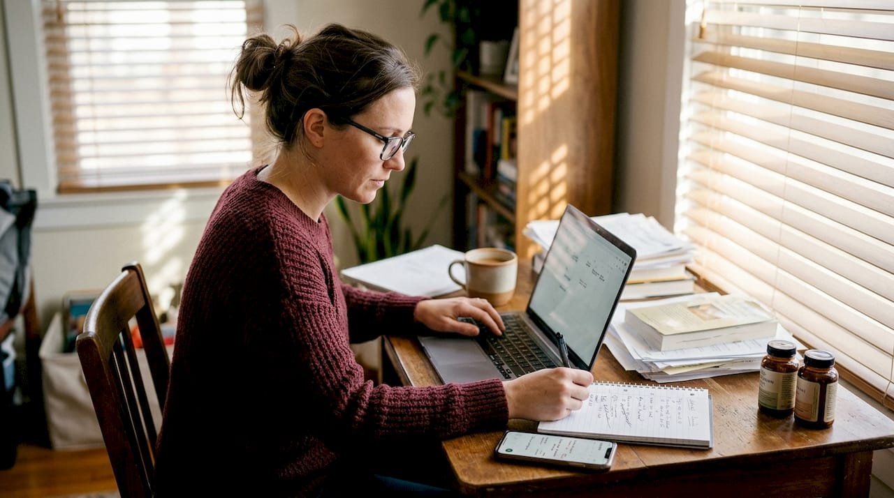 Woman focused at home office desk