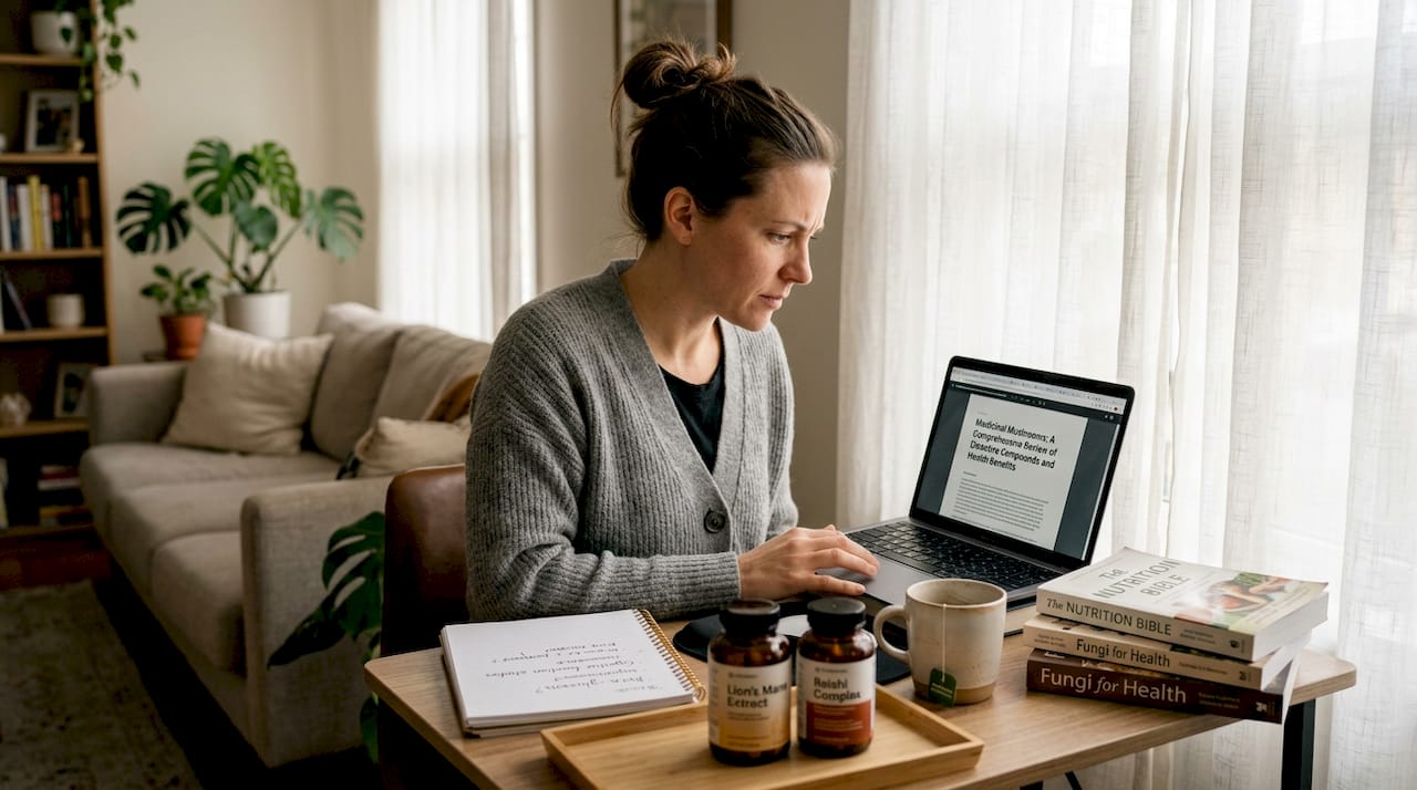 Woman researching mushroom nootropics at home