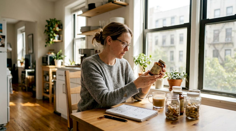 Woman checks supplement for hair and nails